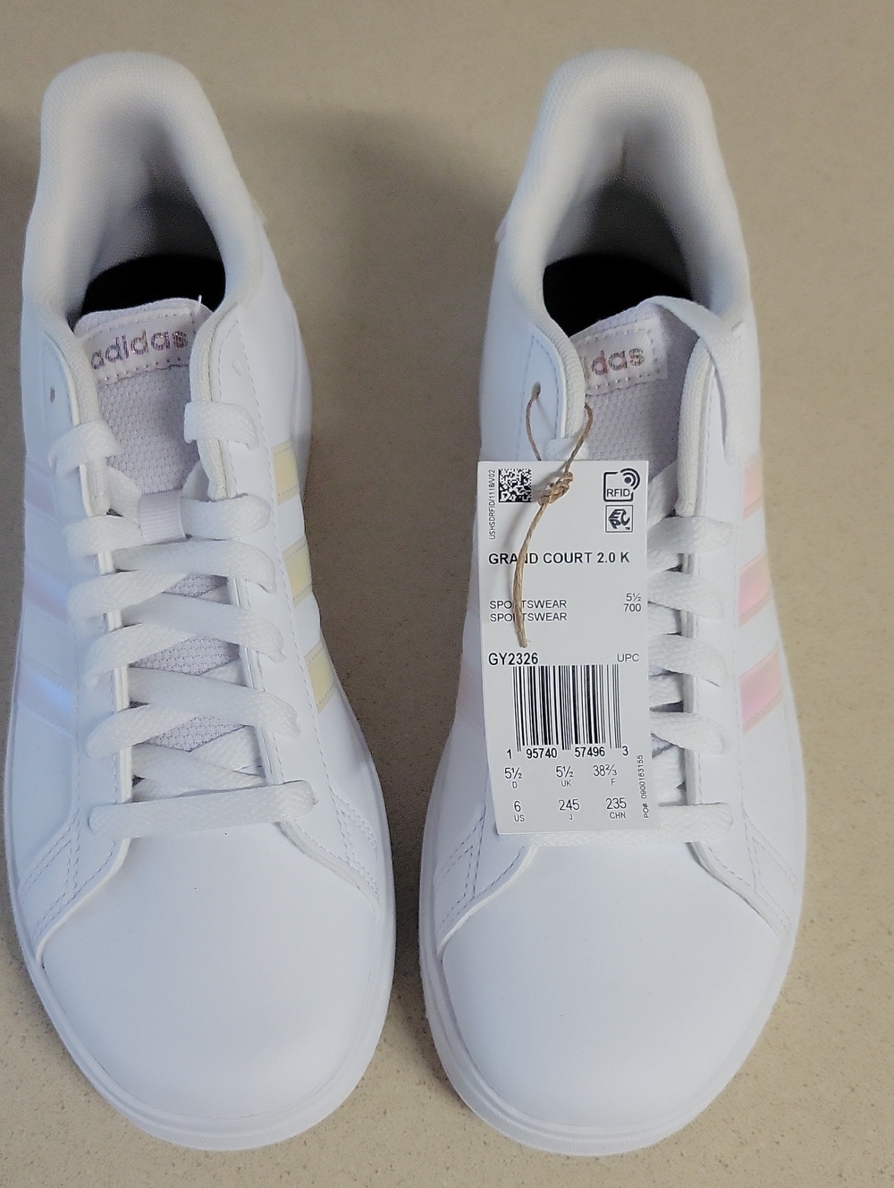 adidas Women's White Sneakers with Pastel Pink and Pale Yellow Stripes